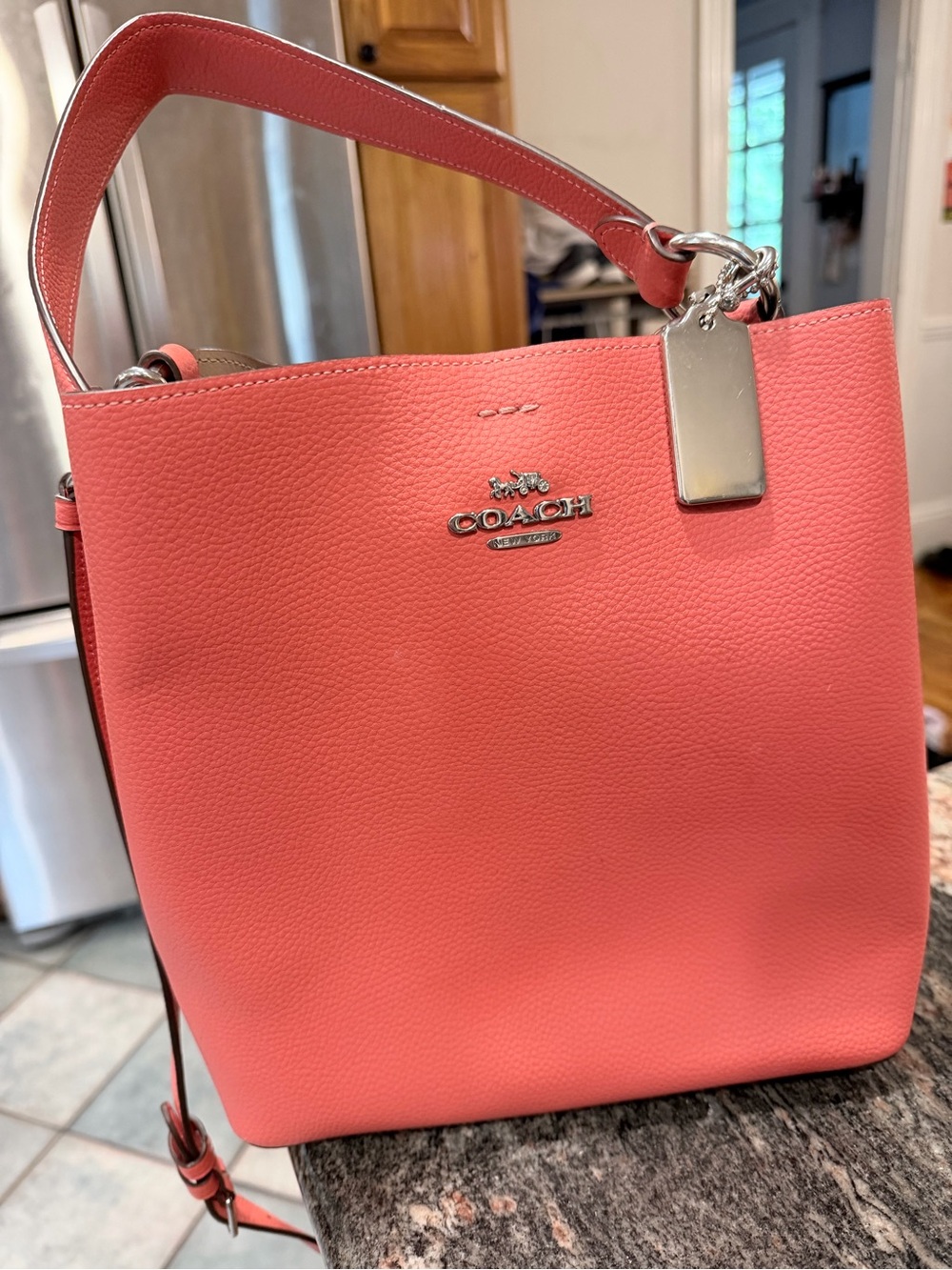 Coach Pebble Leather Shoulder Bag in Coral